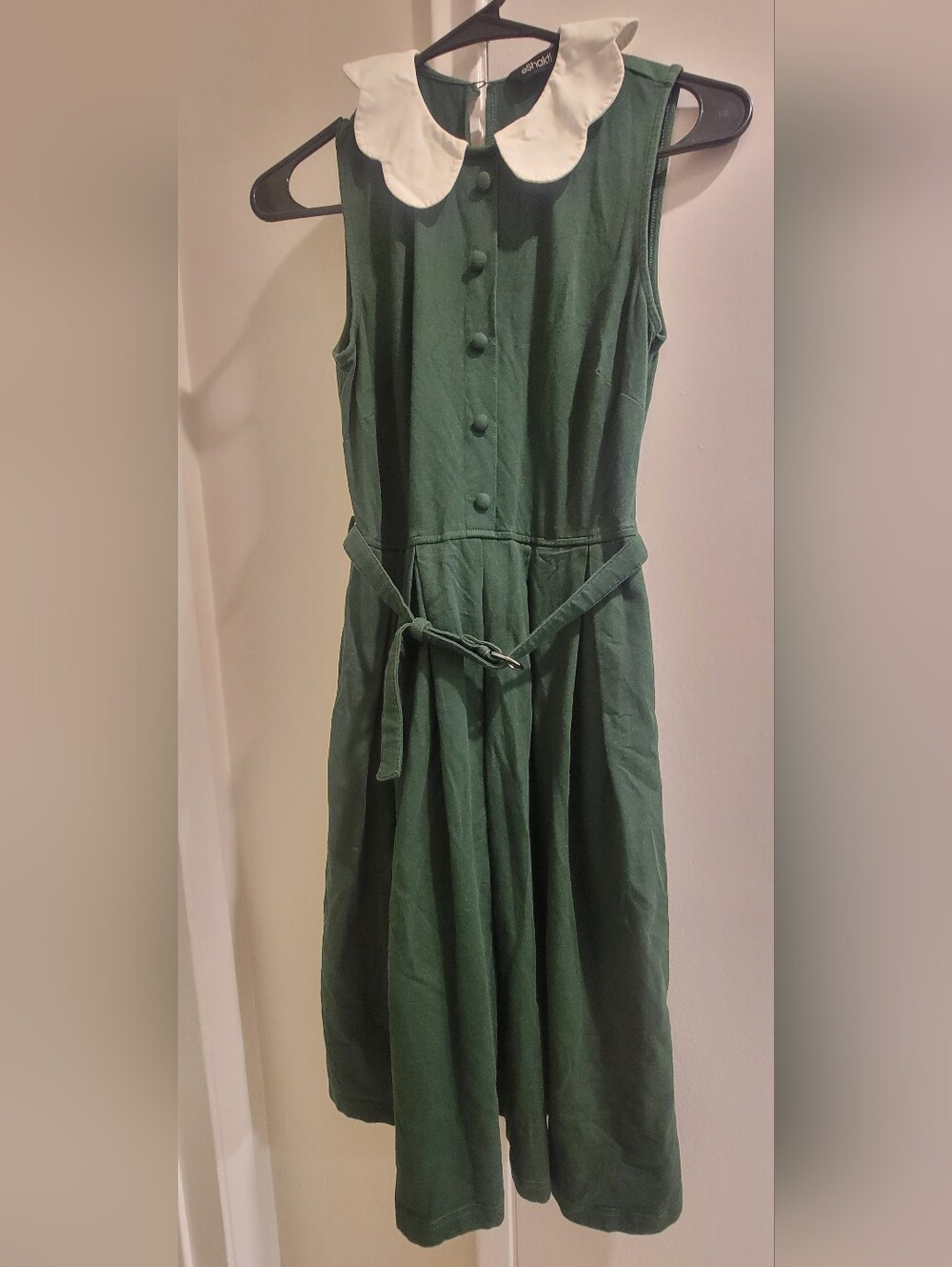 Eshakti Forest Green Sleeveless Midi Dress with White Peter Pan Collar! S-4